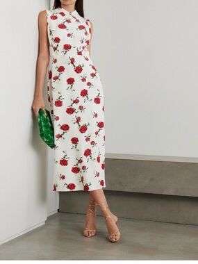 Emilia Wickstead White Sleeveless Dress with Red Rose Print